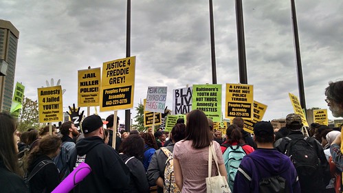 Protest rally at McKeldin Square near Harborplace.