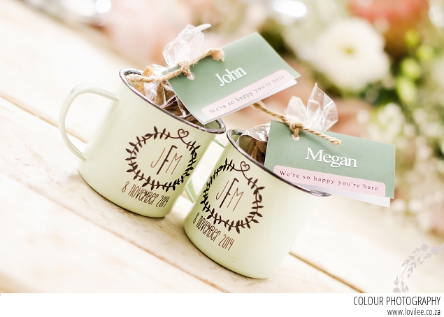 Bright and colourful Free State Wedding Wedding favours tin mugs with monograms