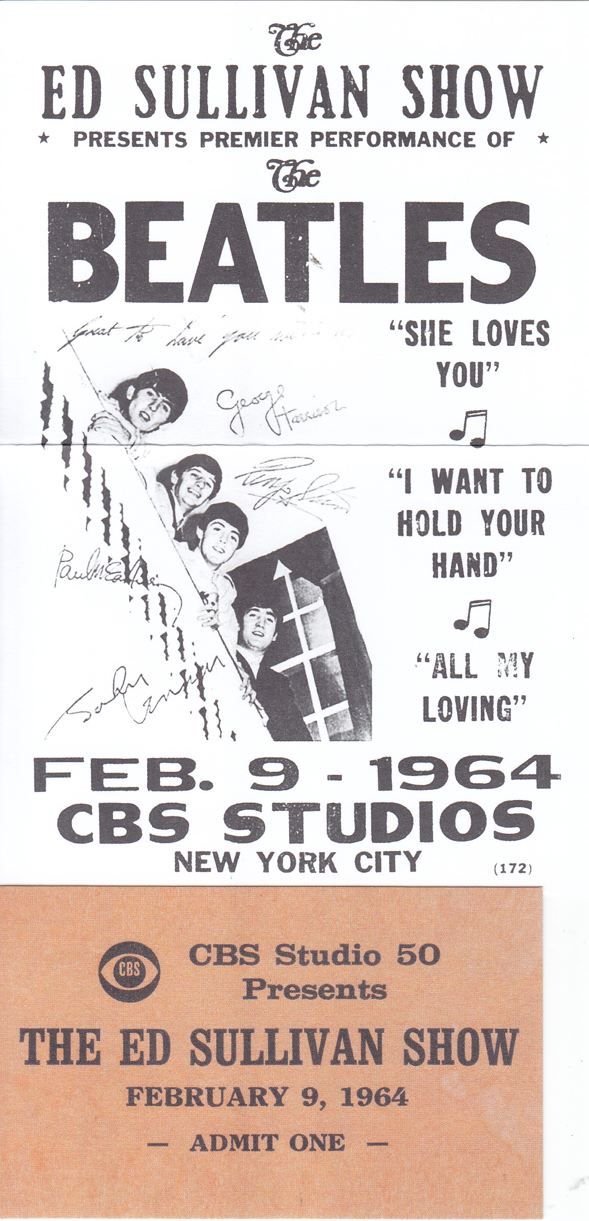 Unused ticket for the February 9, 1964, taping of The Ed Sullivan Show, featuring The Beatles.