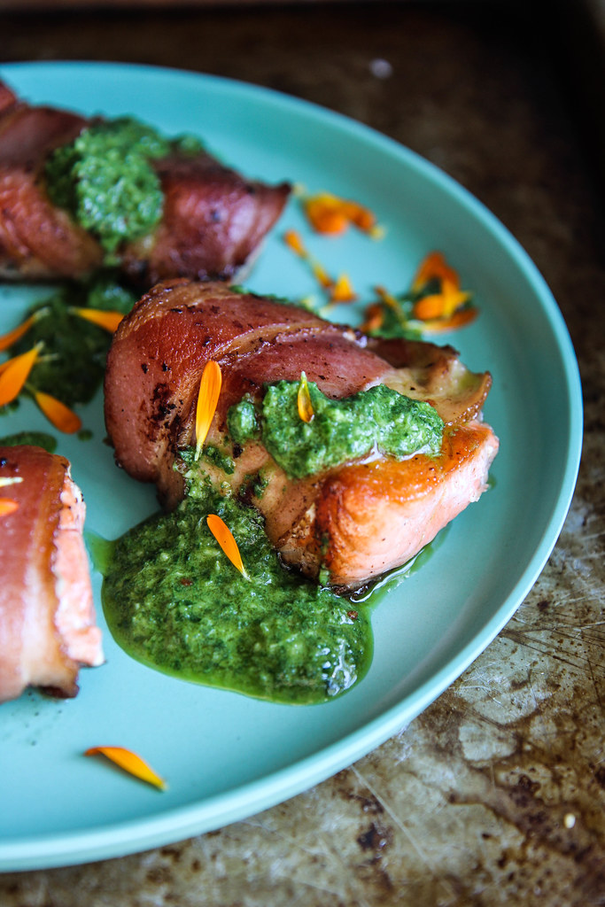 Keto Bacon Wrapped Salmon with Chimichurri Sauce from HeatherChristo.com