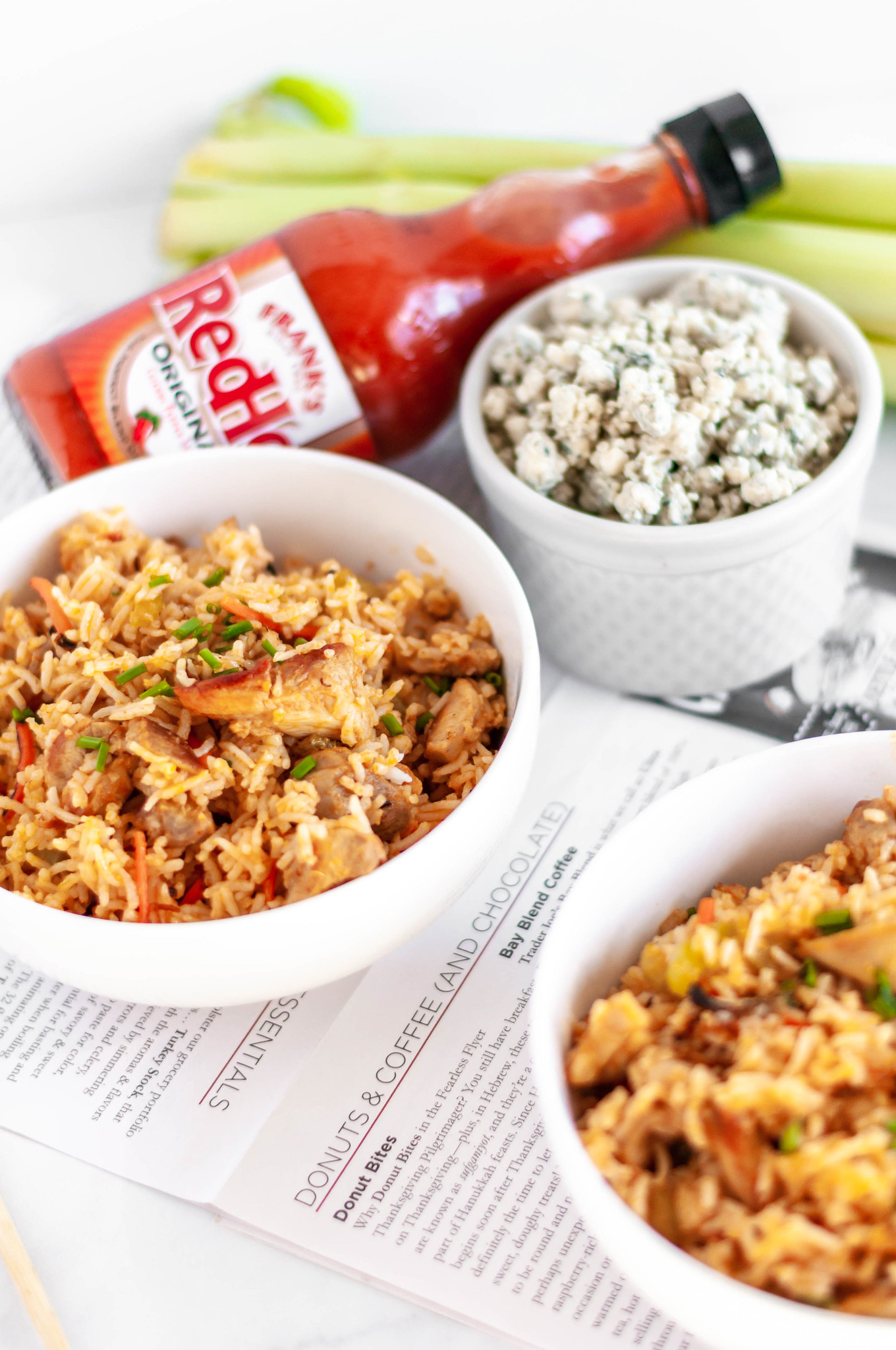 Buffalo Fried Rice is a super simple, flavorful and spicy dinner you can whip up in less than 30 minutes with some leftover rice. Spicy buffalo chicken, carrots, celery and buffalo sauce with a sprinkle of crumbled blue cheese.