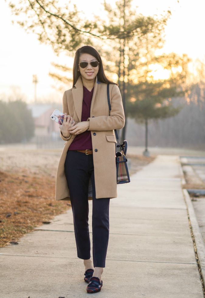 camel coat, Club Monaco Santinah sweater, MICHAEL Michael Kors navy pants, brown belt, Burberry small banner tote, J.Crew faux fur-lined Academy penny loafers mule in silk tie print