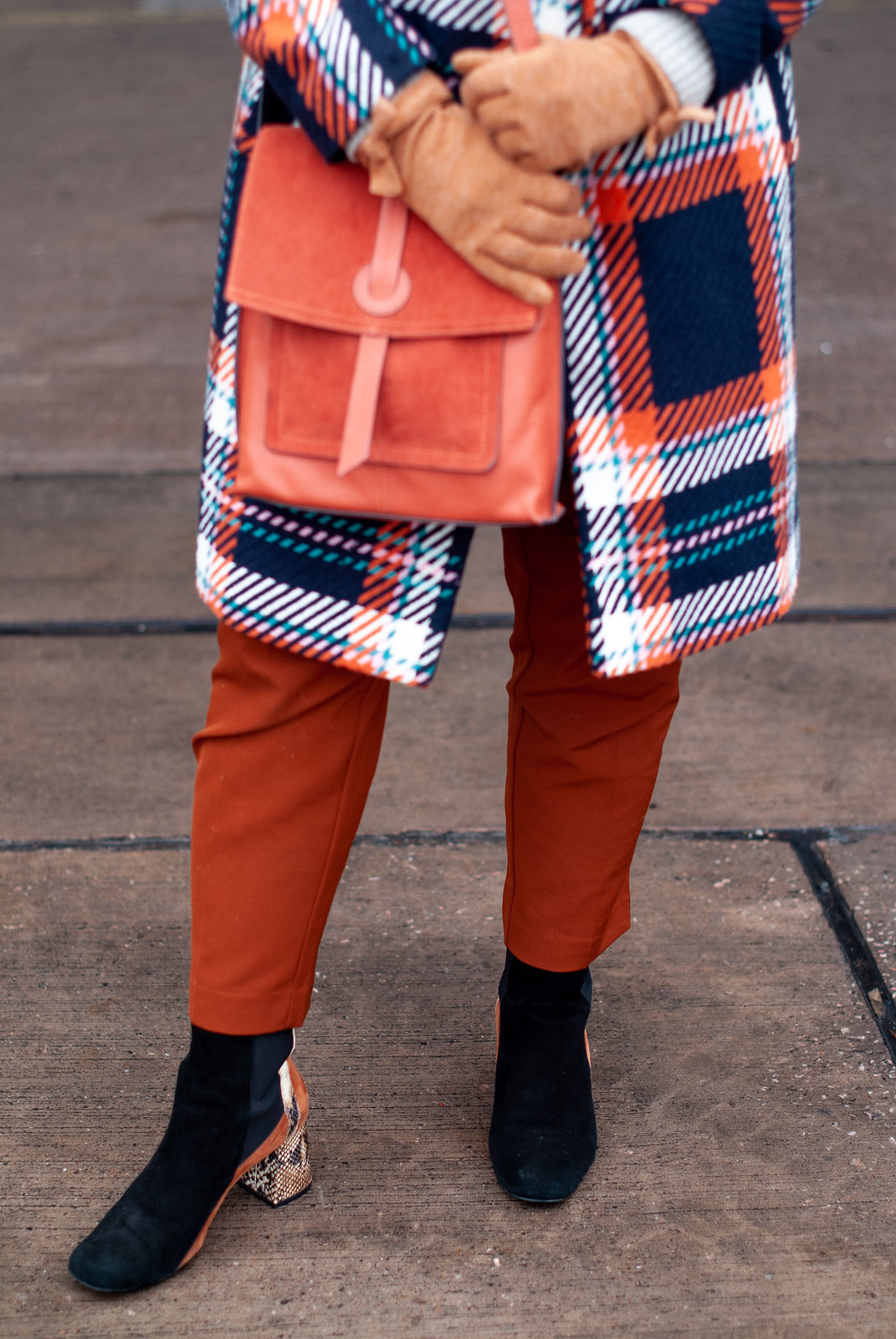 Styling Bold Colour in Winter (orange and blue check coat \ burnt orange trousers \ orange beret \ grey roll neck sweater \ two tone black, tan and snakeskin boots \ orange messenger bag) | Not Dressed As Lamb, over 40 style blog