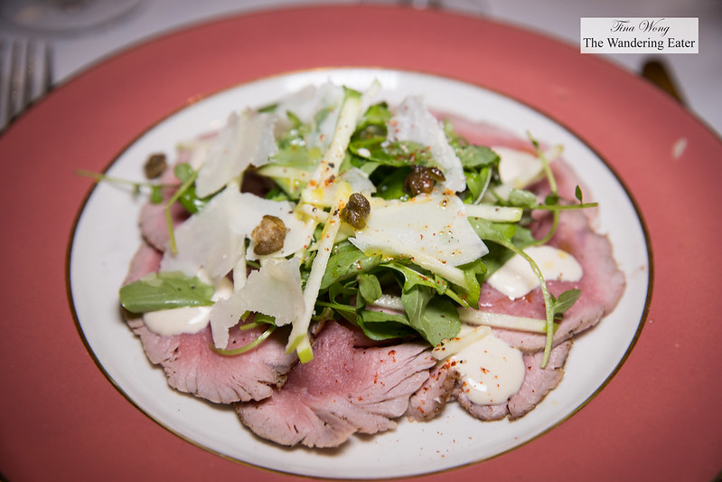 Seared carpaccio of veal, smoked 'tonnato' sauce, green apple frisee sald, fried capers