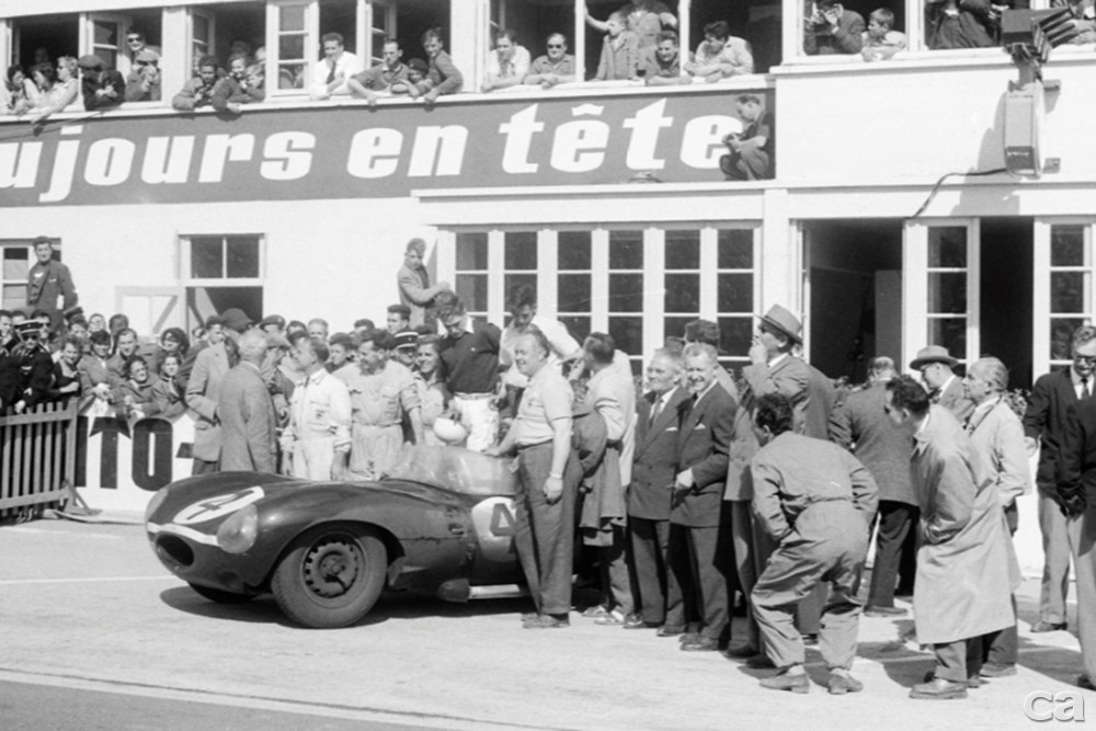 Chassis no. 501 poses with its drivers and other members of the Ecurie Ecosse team after winning the 1956 24 Hours of Le Mans. Courtesy of the Revs Institute for Automotive Research