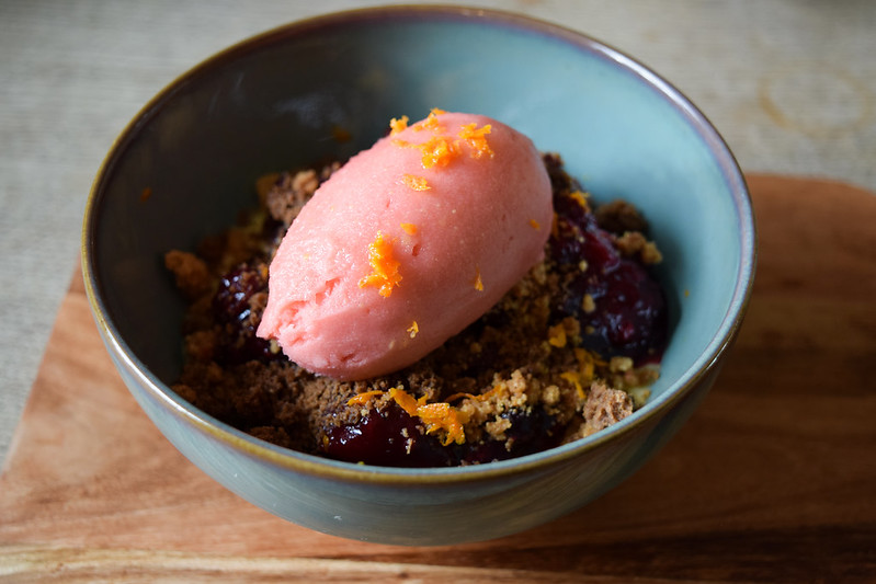 Clementine Posset with Sorbet, Granberry Sauce & Gingerbread at The Duck Inn, Pett Bottom