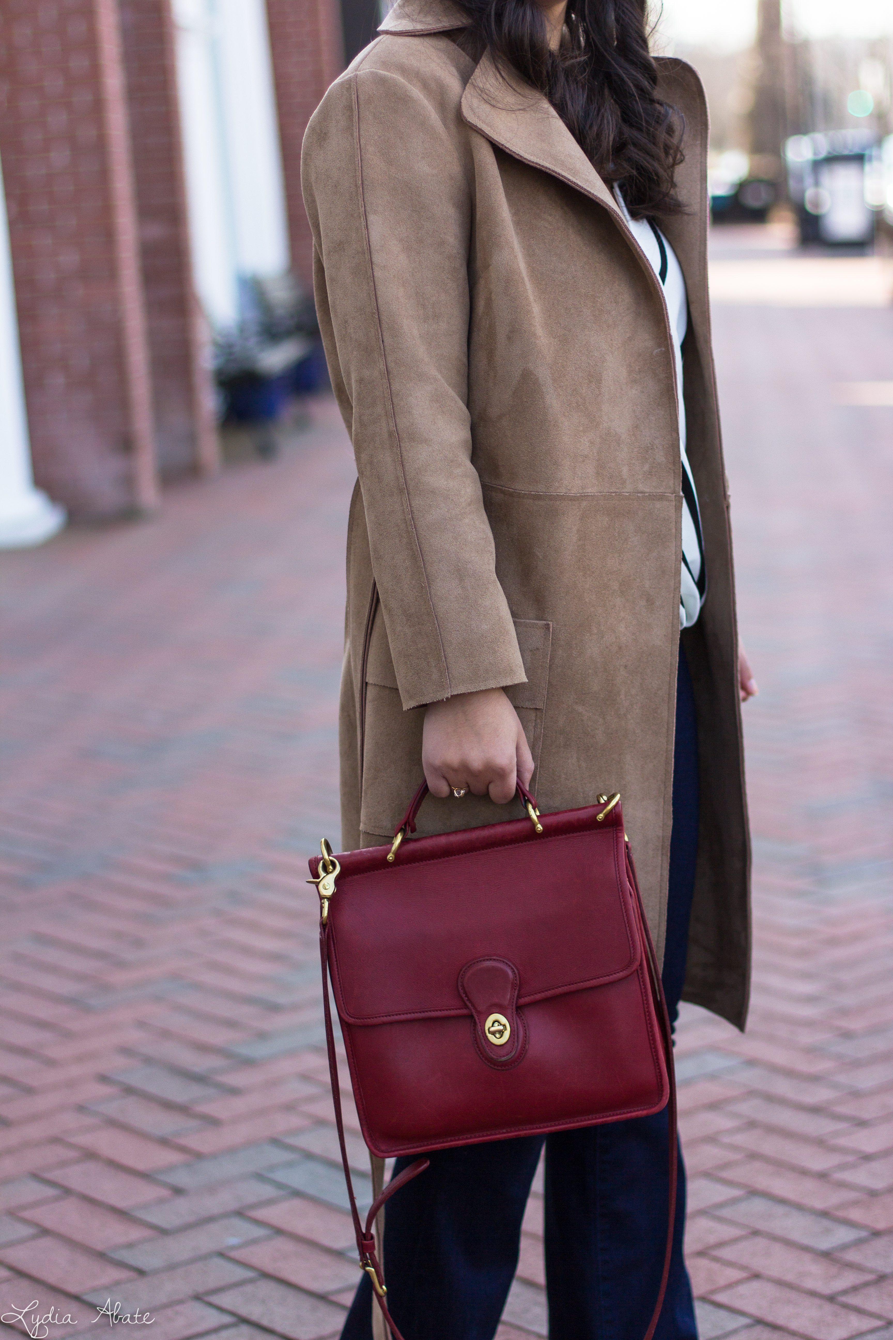suede trench coat, wide leg jeans, striped wrap top, red coach bag, beret-10.jpg