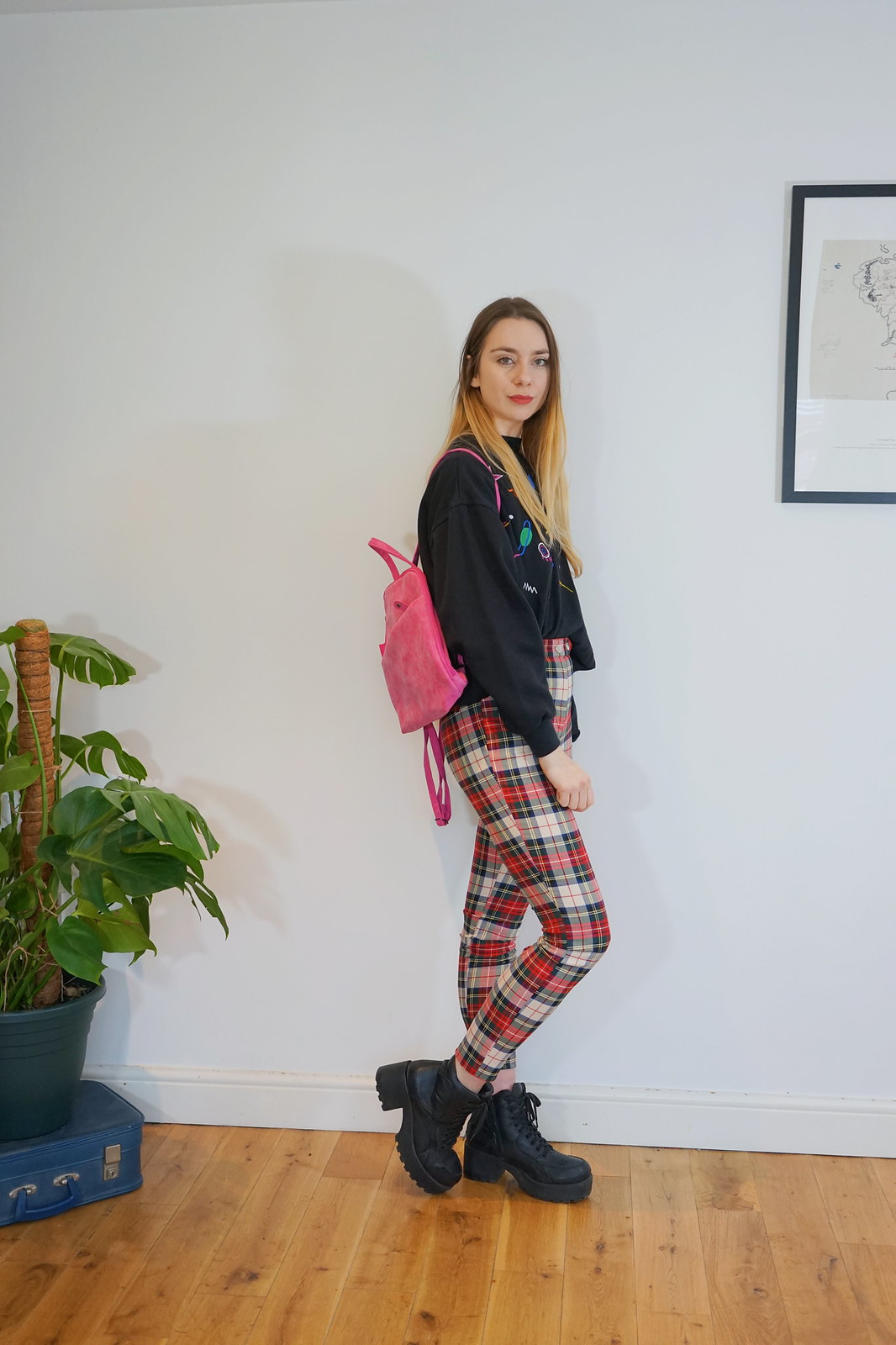 Tartan Trousers, Colourful knit and chunky boots