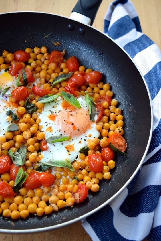 Baked Eggs with Chickpeas, Tomatoes & Basil