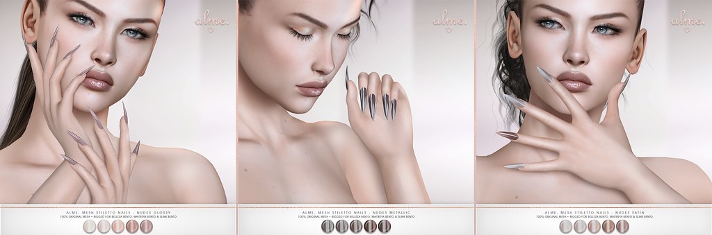 Alme. in Second Life for Shiny Shabby "Alme Mesh Stiletto nails//Nudes: Glossy, Metallic & Satin" ♥