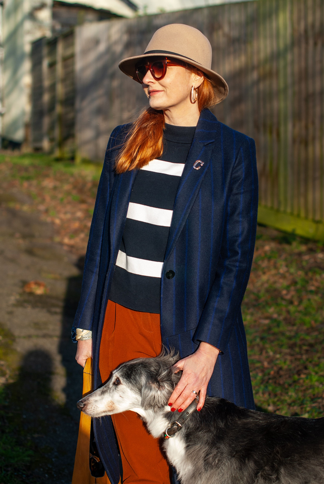 Styling Workwear (Pinstripes) and Sportswear (Adidas) Together (long pinstripe navy coat, Breton stripe sweater, pumpkin trousers, Stan Smiths) | Not Dressed As Lamb, fashion over 40