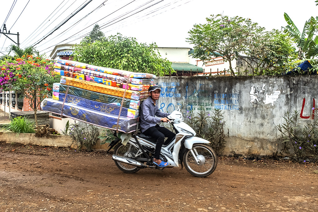 Man with mattresses on back of motorbike--Ea Kly