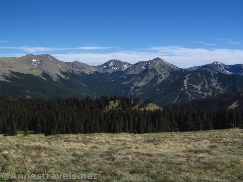 Wheeler Peak (left, with Mt. Walter just to its left); Lake Fork Peak (center right); and Vallecito Mountain (far right) from the Gold Hill Trail in Carson National Forest, New Mexico
