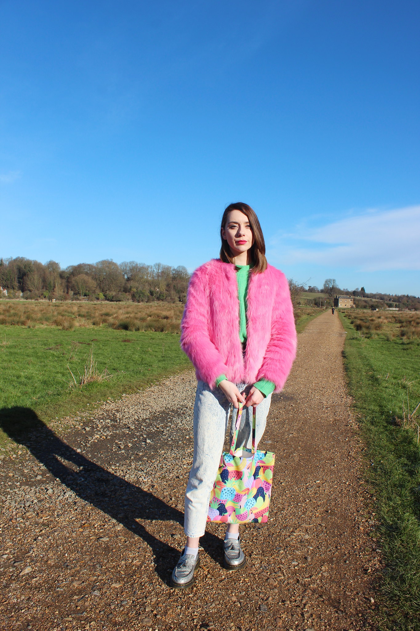 Pink Fur Coat, Green Knit and Mom Jeans