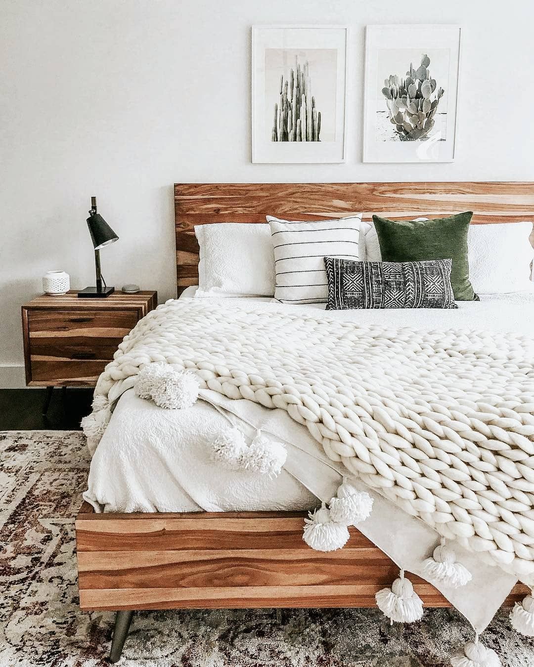 Cozy White Knit Bedding Wood Bedframe Bedroom Inspiration
