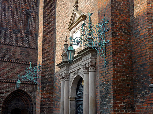 Copper lanterns with angels on a church in Copenhagen, Denmark