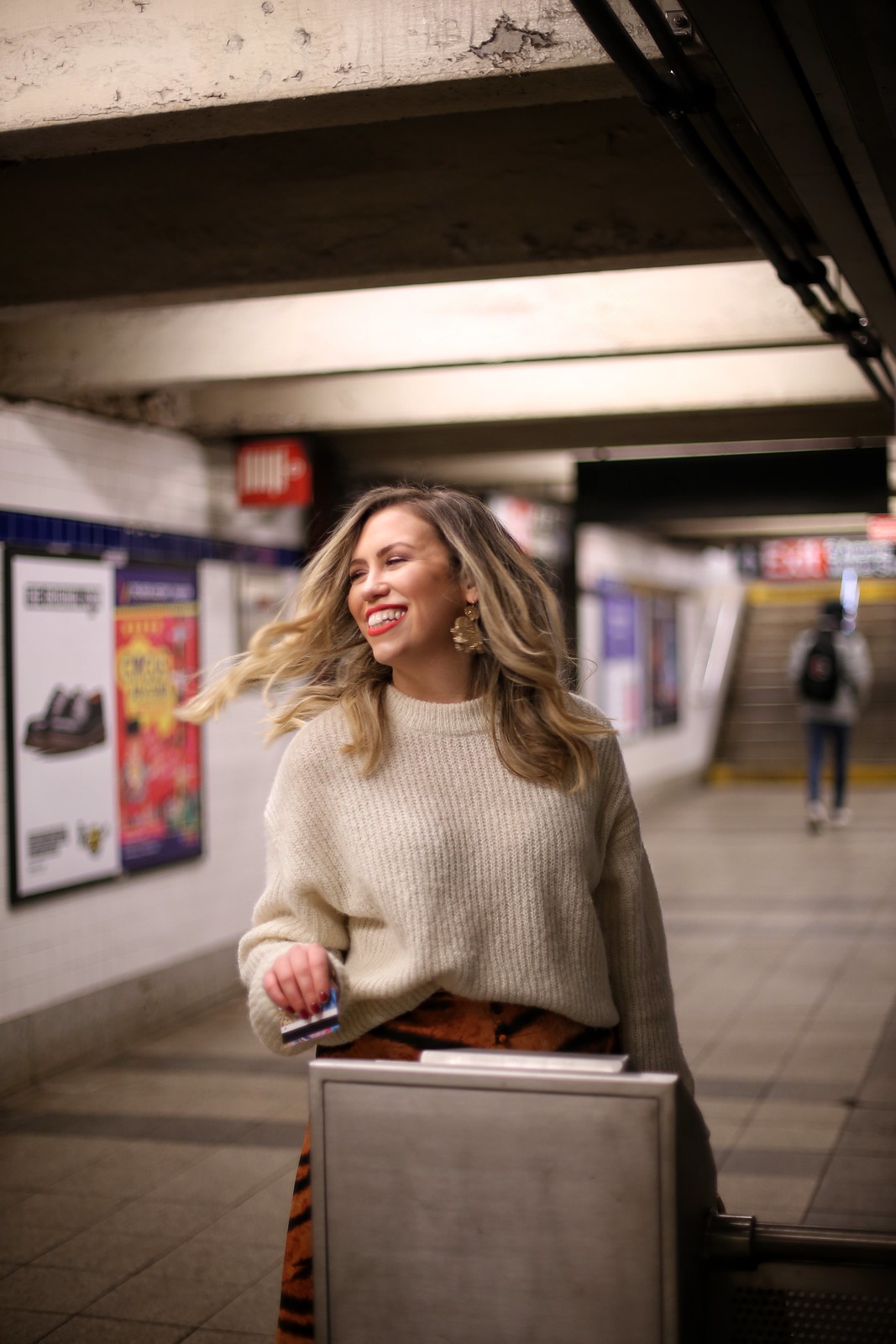 White Reformation Finn Sweater Hair Flip Canal Street Subway Fashion Photo Shoot