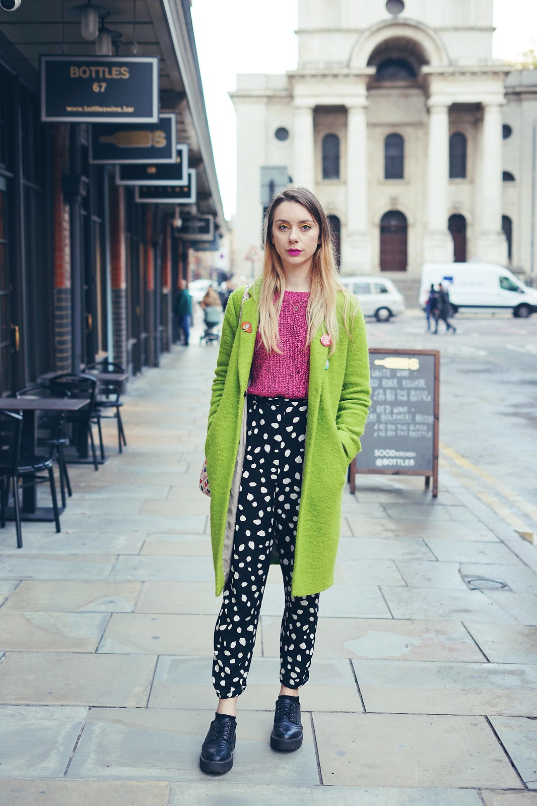 Green Coat, Sasha Velour Pin and Collusion spotty trousers