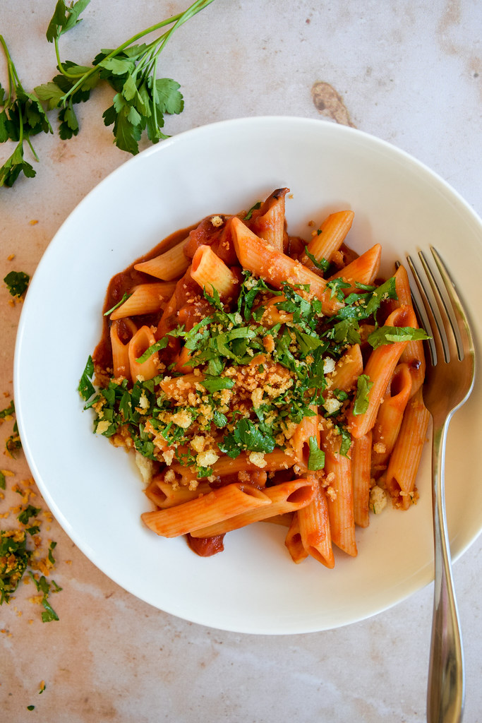 Bloody Mary Penne with Parsley Breadcrumbs