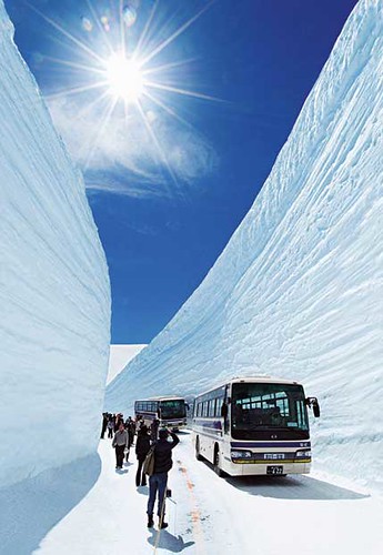 Japonsko – silnice přes hory občas vypadá jako sněhový kaňon a je sama turistickou atrakcí