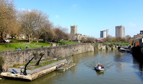 bristol water waterway boat boating bridge church derelict old walls city boundary park blue sky clouds sun sunshine spring buildings tree trees pontoon home outside outdoors nature green light landscape people river