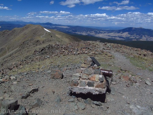 Cannon-like trail register. You can see into Colorado on a clear day. Wheeler Peak in Carson National Forest, New Mexico