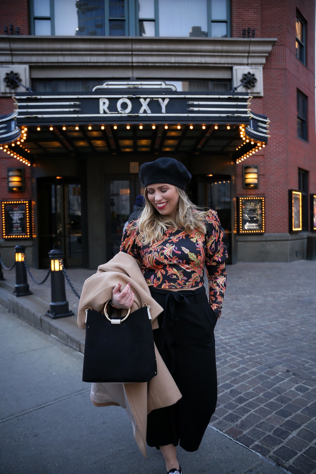 ASOS Paisley Print Crop Top Black Beret Winter Outfit Roxy Hotel Tribeca