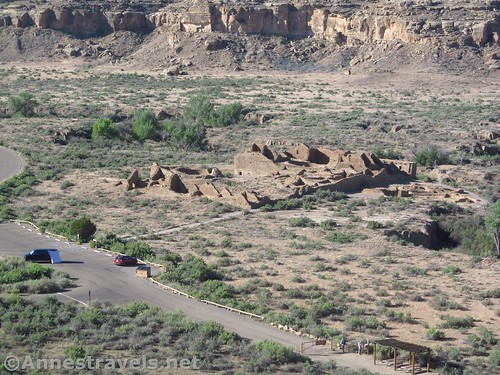 Looking back down on the parking area and Pueblo del Arroyo from the Pueblo Alto Trail, Chaco Culture National Historical Park, New Mexico