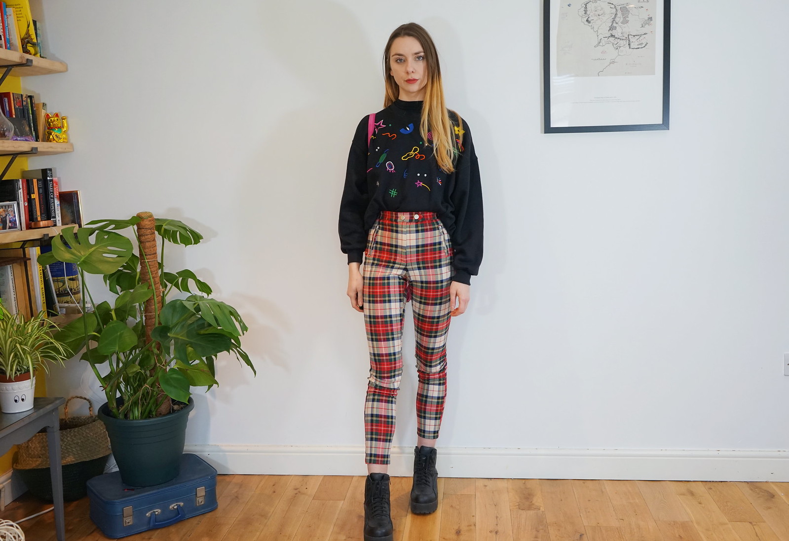 Tartan Trousers, Colourful knit and chunky boots