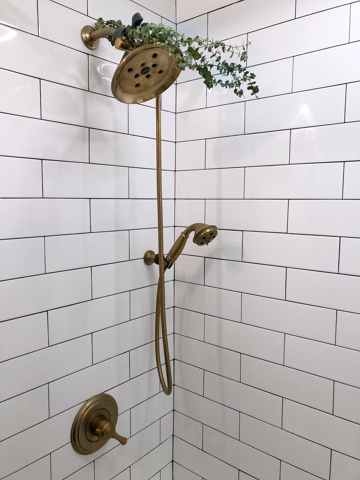 Eucalyptus in Shower Gold Hardware Faucet White Subway Tile Black Grout