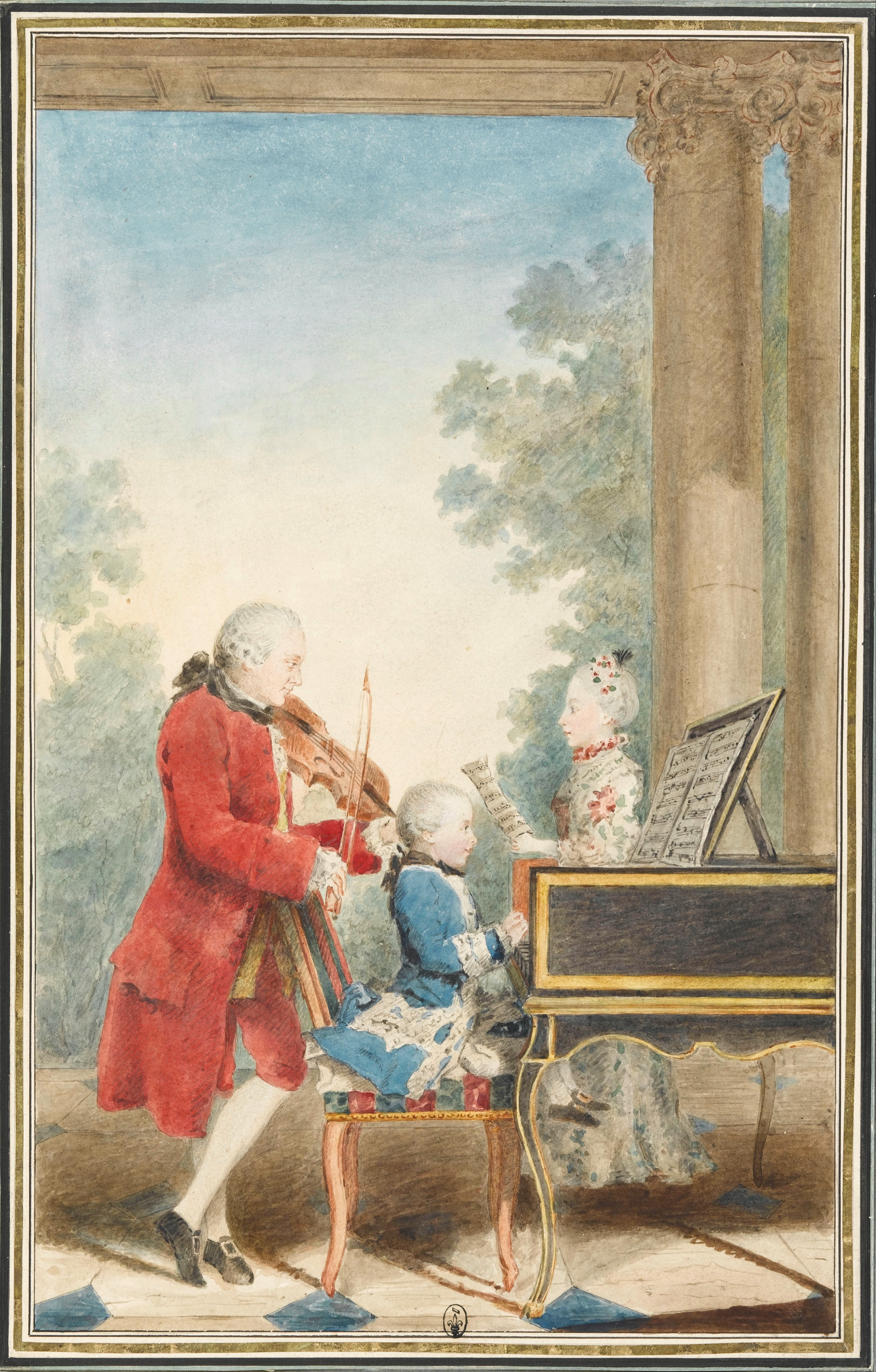 The Mozart family on tour: Leopold, Wolfgang, and Nannerl. Watercolor by Carmontelle, circa 1763. 