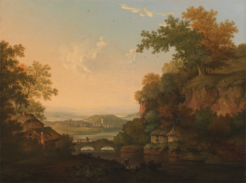 James Lambert of Lewes - A River Scene with Thatched Huts by a Bridge over a Weir (1767)
