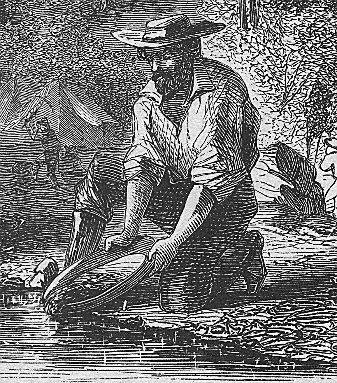 Panning for gold on the Mokelumne River. Harper's Weekly: How We Got Gold in California. April 1860