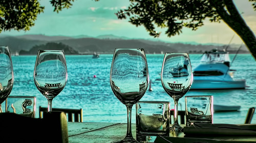restaurant view glass water tree russell sea blue green boat table chair landscape photoshop topaz wine