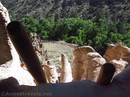 Rock formations and the top of the ladder while looking out of the second cave along the Main Loop in Bandelier National Monument, New Mexico