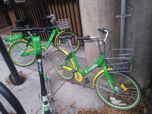 Lime e-bicycle, Dockless regular bicycle, and e-scooter (stand up) at Takoma Metrorail Station