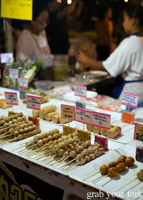 Grilled meat and fish ball skewers at Build Market in Khao Lak,Thailand