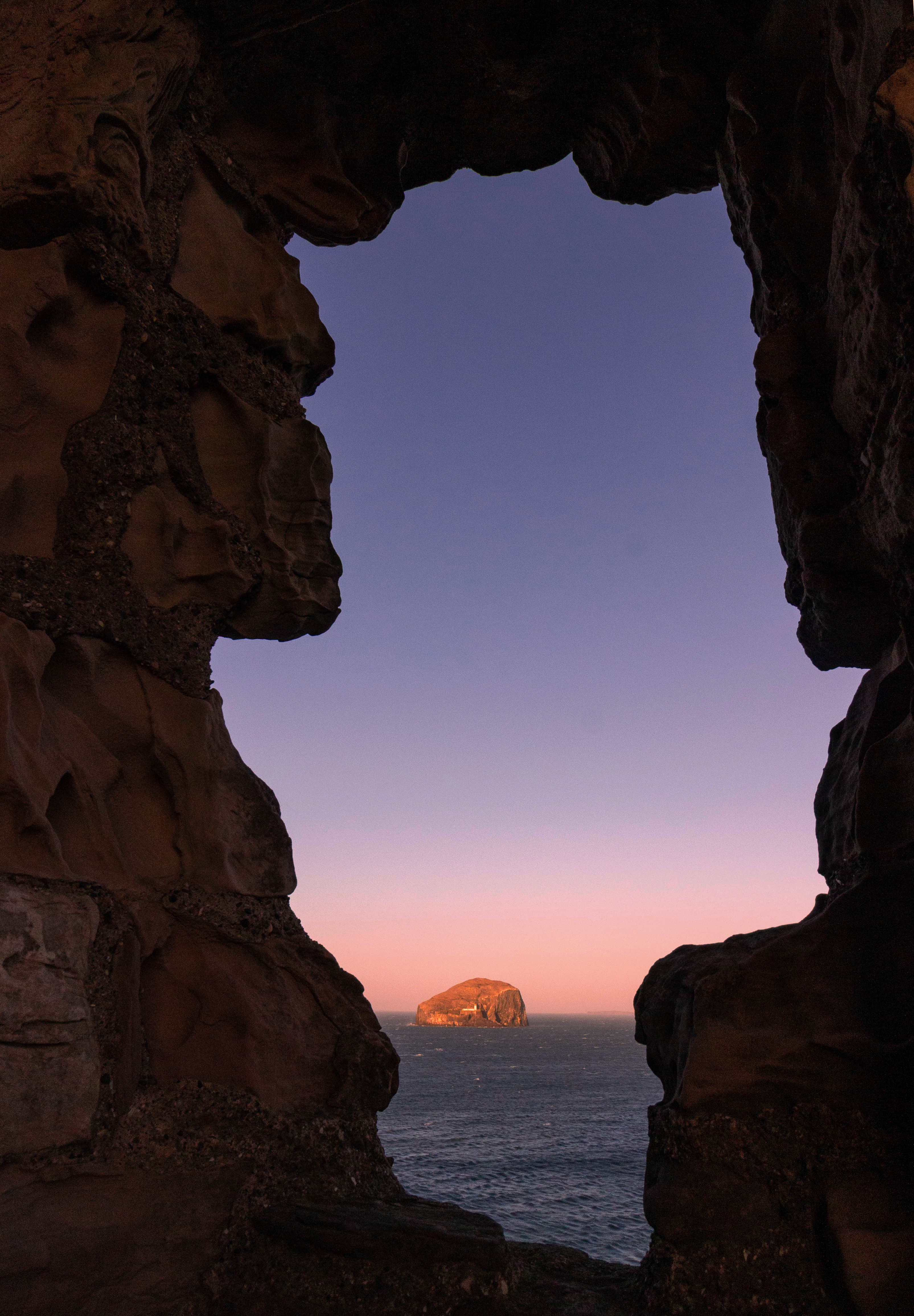 View to Bass Rock from Tantallon Castle at sunset