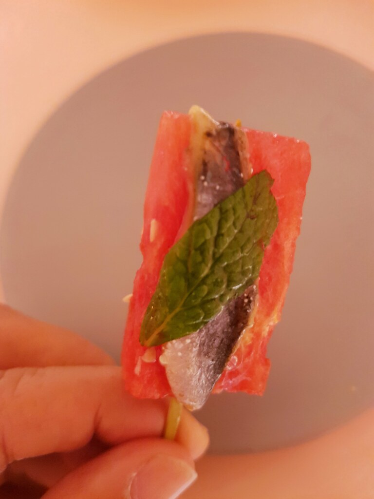 Omakase 2. Appetiser .. "Bukharonies" tiny salty fish (fingerling fish) with mint on a melon.. @ Golden Shower by Chin Chin at Bishop St, Georgetown Penang