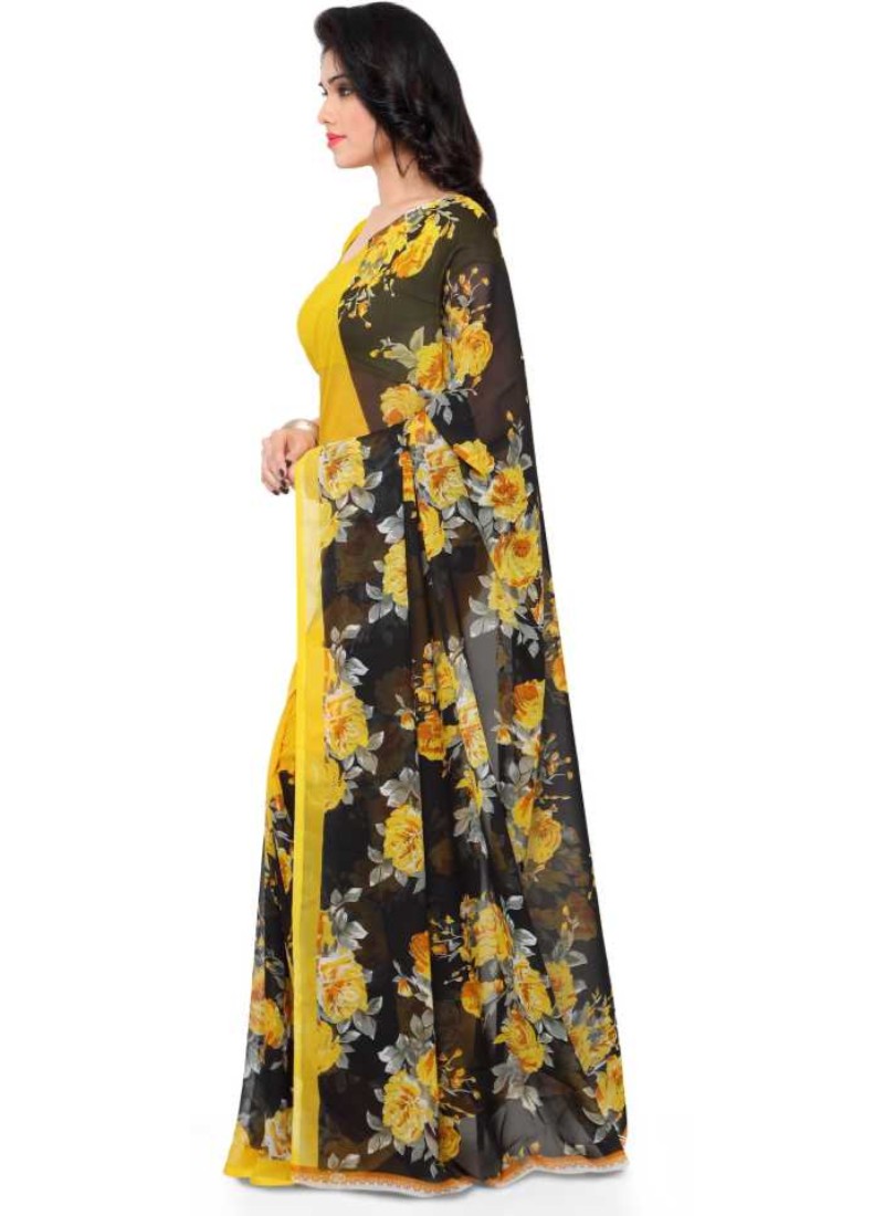 Printed Faux Georgette Yellow Color Saree