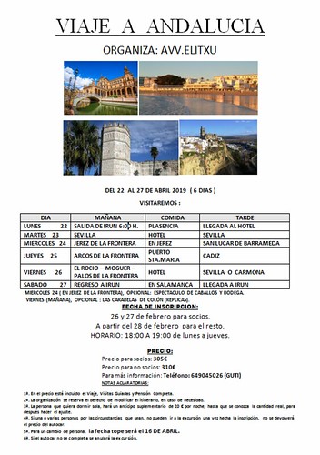 Cartel viaje Andalucía 2019 AVV Elitxu