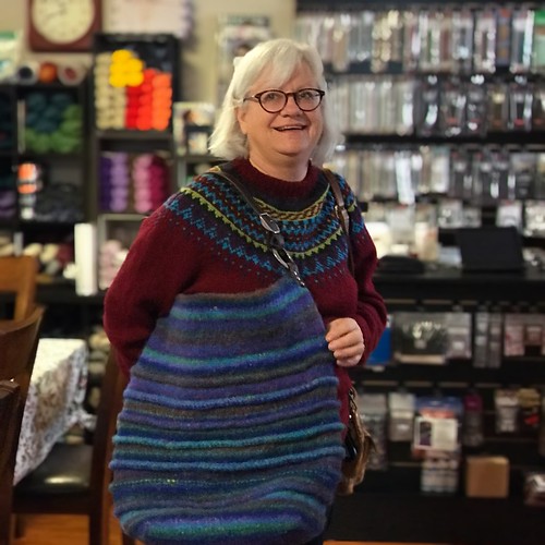 Angela’s Daddy's Request pullover by Varian Brandon and her Bedouin Bag by Nora J Bellows