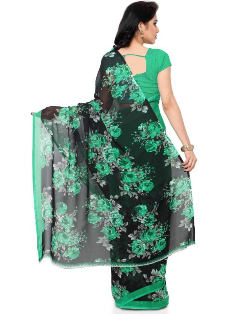 Printed Faux Georgette Green Color Saree