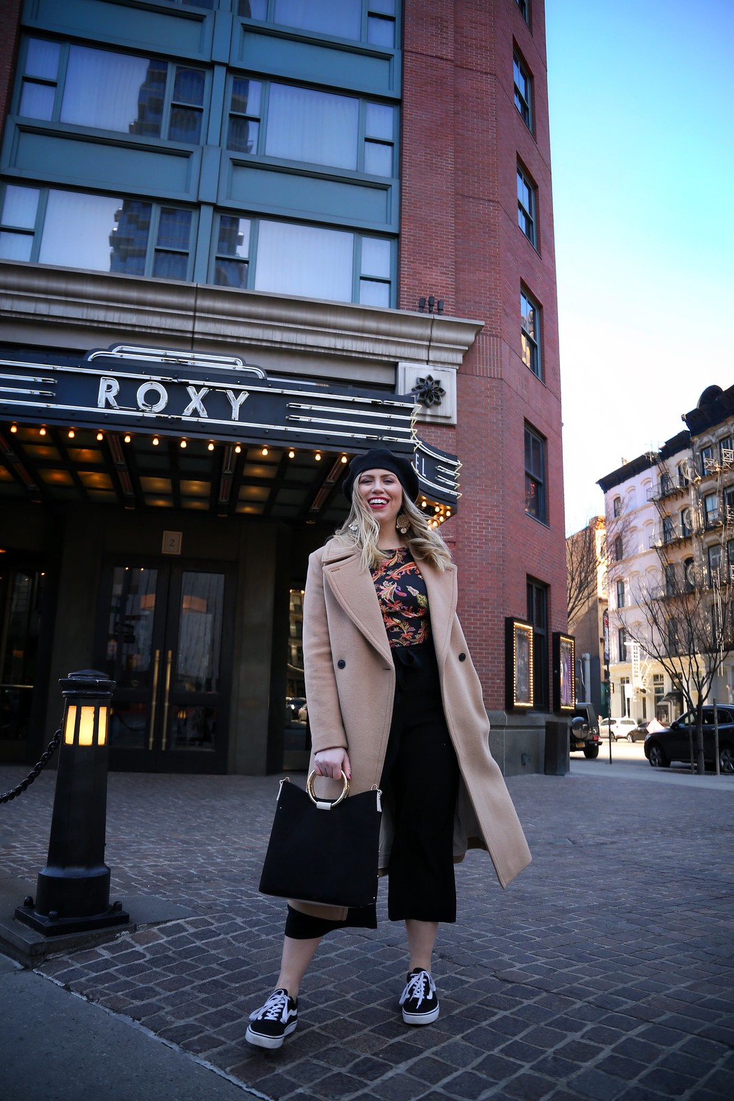 ASOS Paisley Print Crop Top Black Beret Club Monaco Daylina Camel Coat Vans Sneakers Winter Outfit Roxy Hotel Tribeca