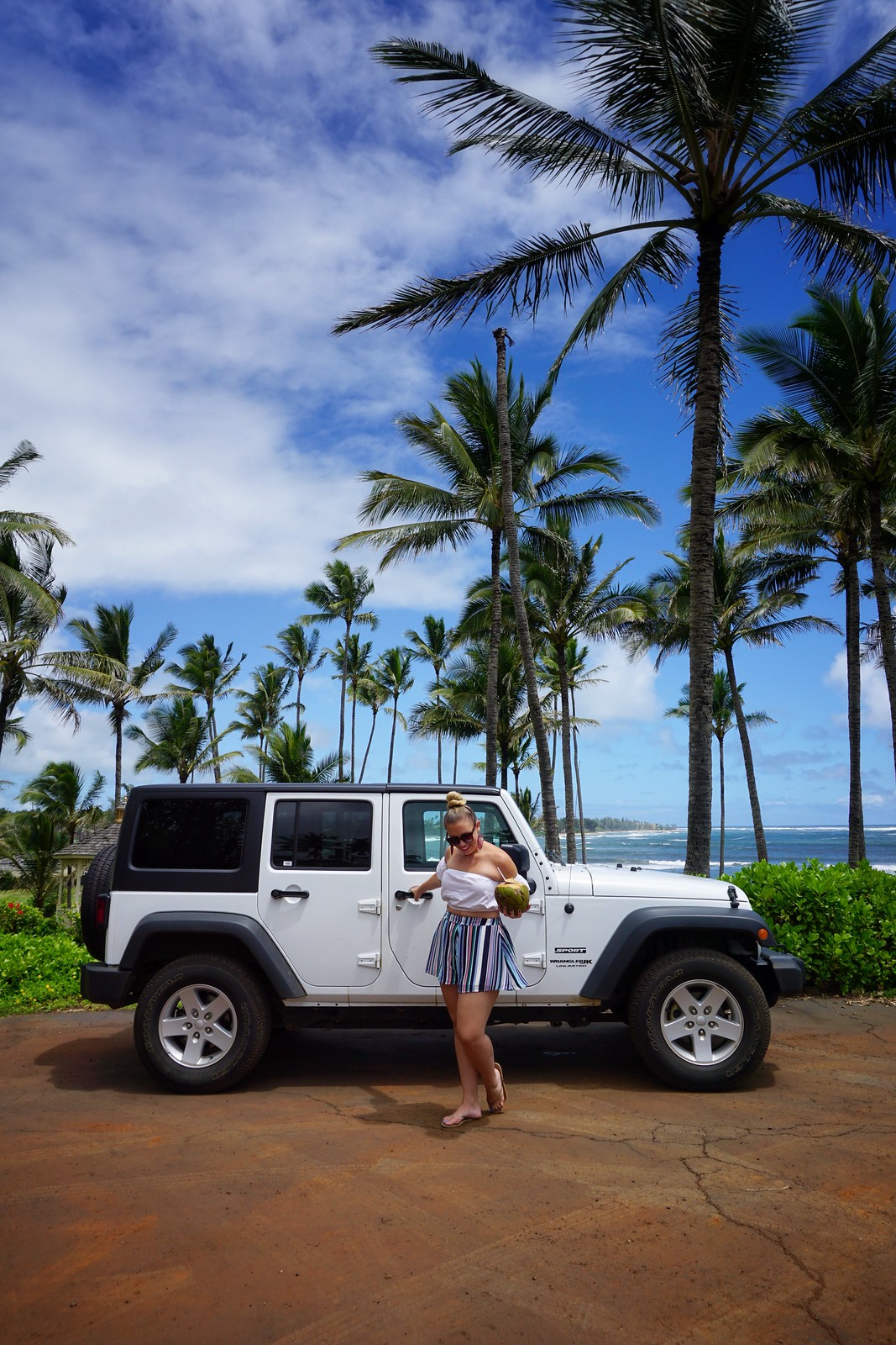 White Off Shoulder Crop Top Blue Striped Shorts White Jeep Hawaii Outfit Hilton Garden Inn Kauai Wailua Bay Best Things to do in Kauai Hawaii