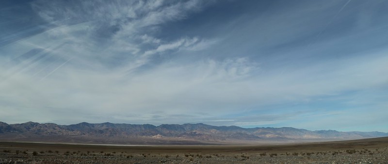 Panorama view west over Death Valley from Highway 178, with Telescope Peak, center
