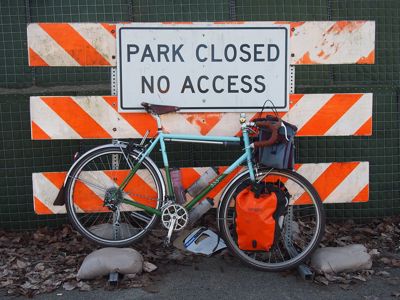 City of Pacific Park Closure: This park is barricaded with flood prevention measures, even though it looks just fine inside.  It's even possible to walk on a trail to get into the park still!
