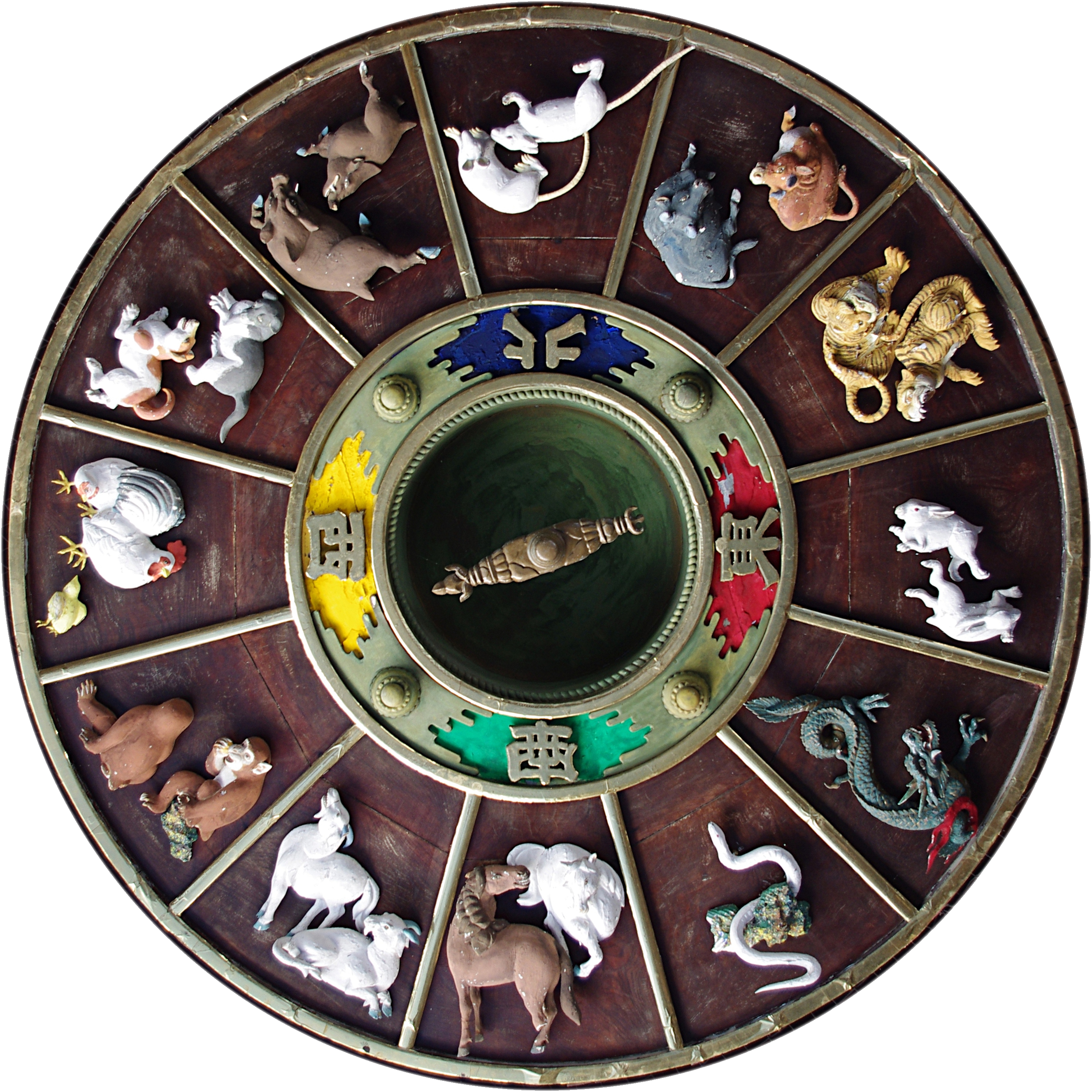 The carvings with Chinese Zodiac on the ceiling of the gate to Kushida Shrine in Fukuoka (mirror image, to have animals in the correct order). Photo taken by <a href=