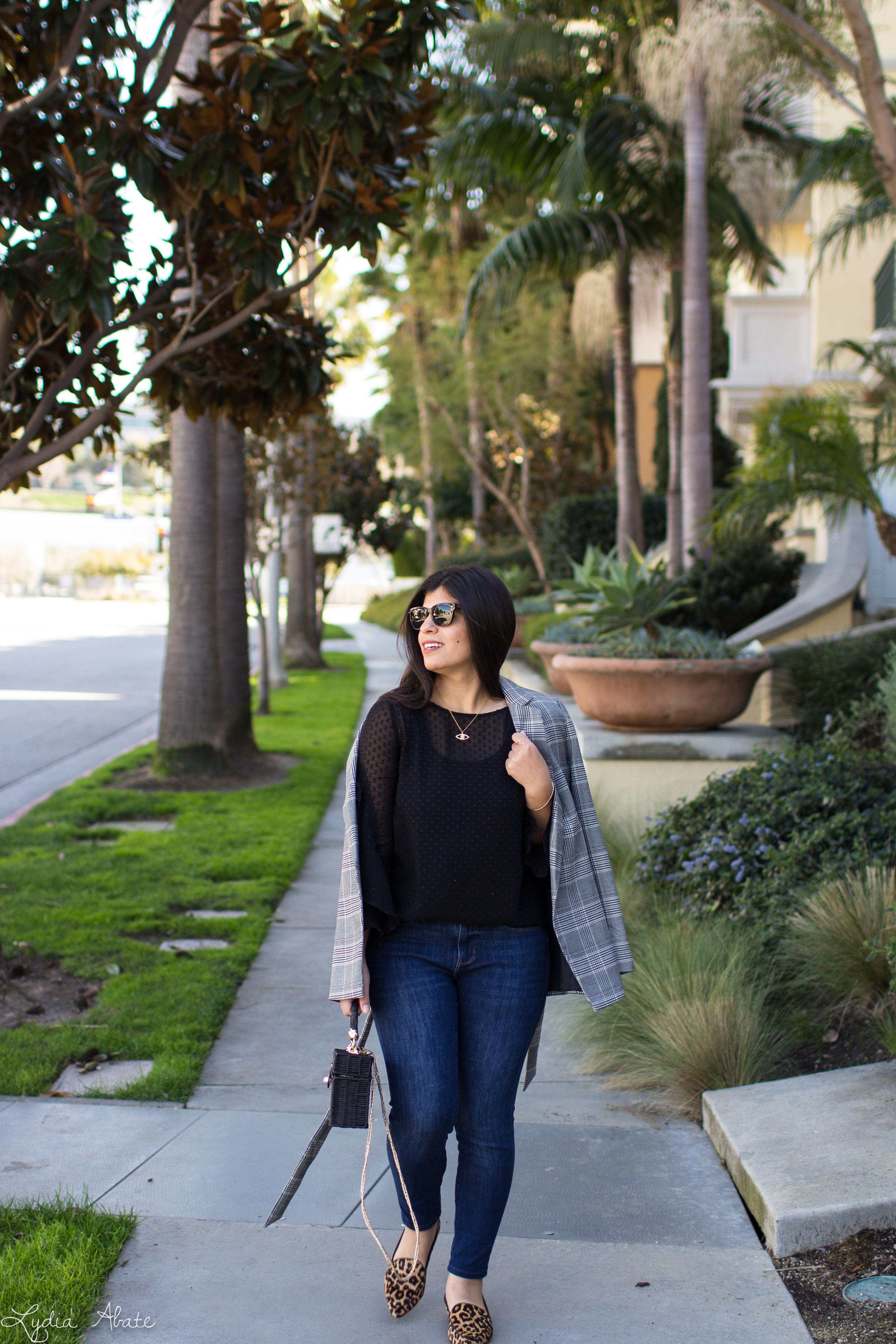 black sheer ruffle sleeve blouse, plaid blazer, jeans, leopard loafers, straw box bag-4.jpg