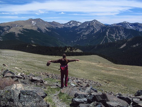 Dancing down the Gold Hill Trail with Wheeler Peak on left, Carson National Forest, New Mexico